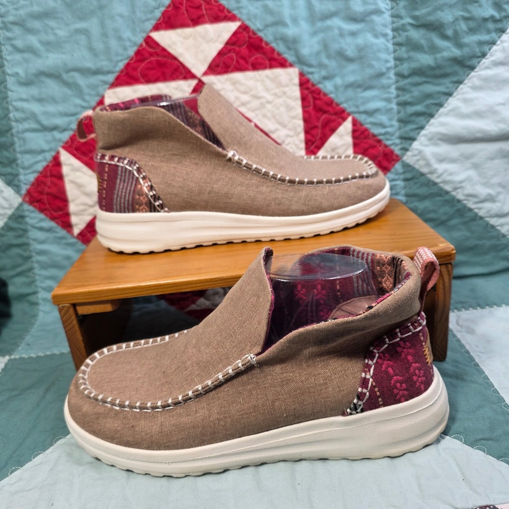 Hey Dude Denny Crafted Nut Canvas Ankle Boots Womens W8 Brown Pink 40200-255